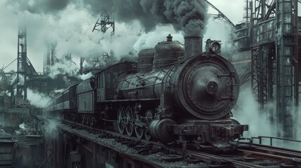 Naklejka premium Vintage Steam Locomotive in Industrial Factory Setting with Smoke and Steam