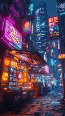 A futuristic street food festival with colorful stalls, glowing digital menus, and robots serving international street dishes  Futuristic  Cyberpunk  Neon