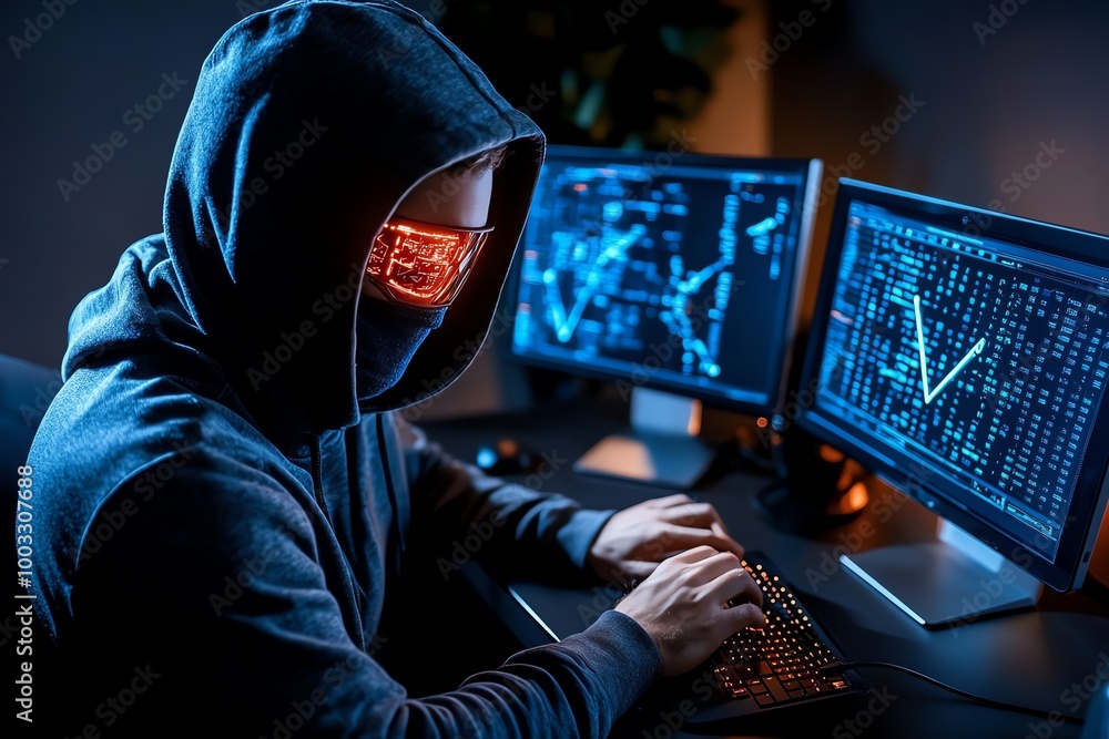 Poster A hacker sitting in a dimly lit room, using ethical hacking techniques to identify vulnerabilities in a companyâ€™s network, screens glowing with security data