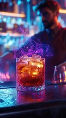 A handcrafted cocktail in a glass with glowing ice cubes, swirling neon vapor, and a futuristic bartender in the background, in a sleek, high-tech bar  Futuristic  Neon  3D Render