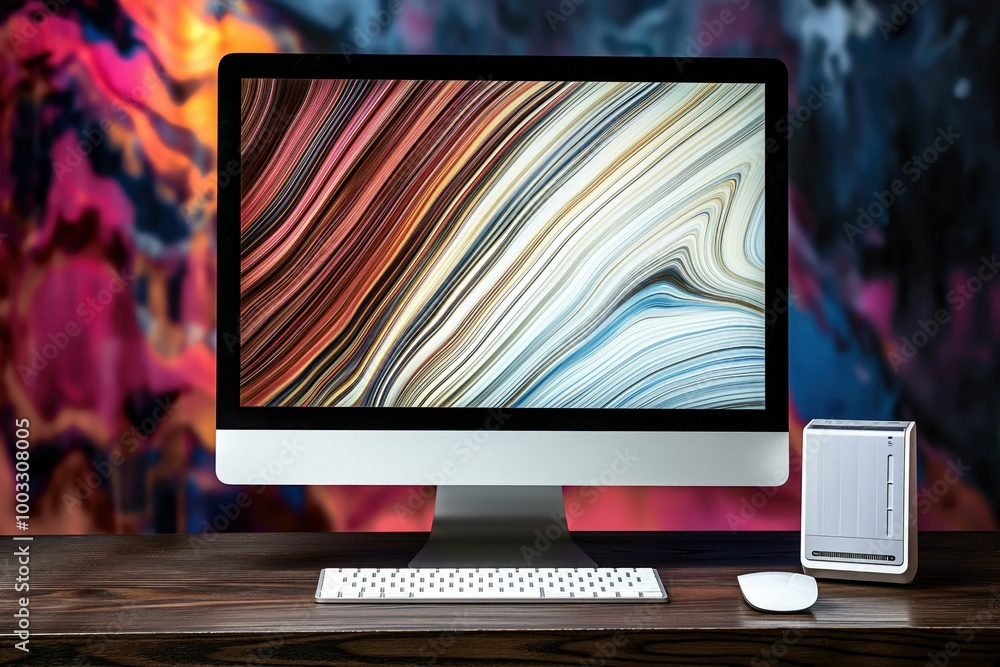 Poster wooden desk with computer, keyboard, mouse on abstract background. wooden table with digital device,