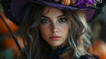 Fototapeta premium Enchanting Witch in Autumn Setting with Pumpkins and Magical Atmosphere