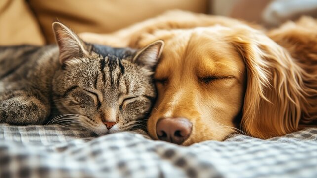 Cat and dog cuddling while napping on blanket