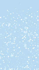 Falling snowflakes christmas background. Subtle flying snow flakes and stars on light blue winter backdrop. Beautifully falling snowflakes overlay. Vertical vector illustration.