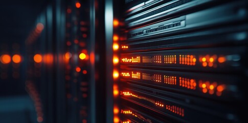 close-up view on server rack with data and connection lights in dark room background, abstract blurred banner for web design or graphic presentation
