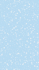 Falling snowflakes christmas background. Subtle flying snow flakes and stars on light blue winter backdrop. Beautifully falling snowflakes overlay. Vertical vector illustration.