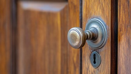 Obraz premium Close-up of brass doorknob and keyhole on wooden door