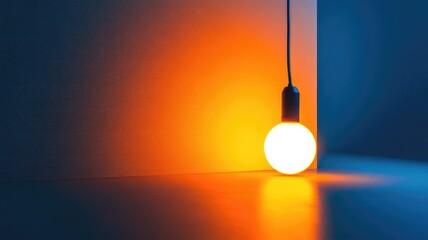 Glowing lightbulb hanging, casting warm and cool tones in room