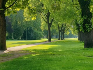 Green grass and trees in a serene park setting. Rich foliage and colorful flowers create a peaceful atmosphere. Natural landscape with rural charm and scenery.