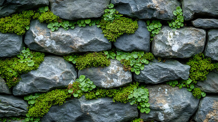 Stone Wall with Green Moss and Plants - Realistic Image