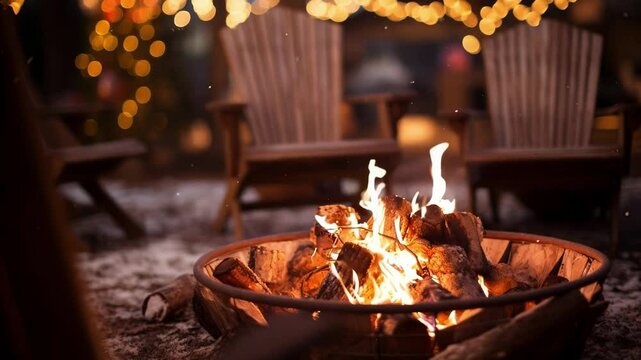 Fire is burning brightly in a fire pit surrounded by wooden chairs on a snowy evening with christmas lights glowing in the background