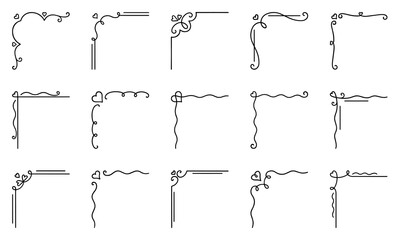 Decorative corners frames doodle set.  Vintage decorative angle border with hearts. Wedding design elements, flower decoration. Hand drawn vector illustration isolated on white background