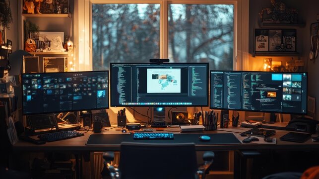 An online learning setup with multiple screens showing virtual classes, books, and a cozy home study environment  Realism  Cozy  Soft Lighting