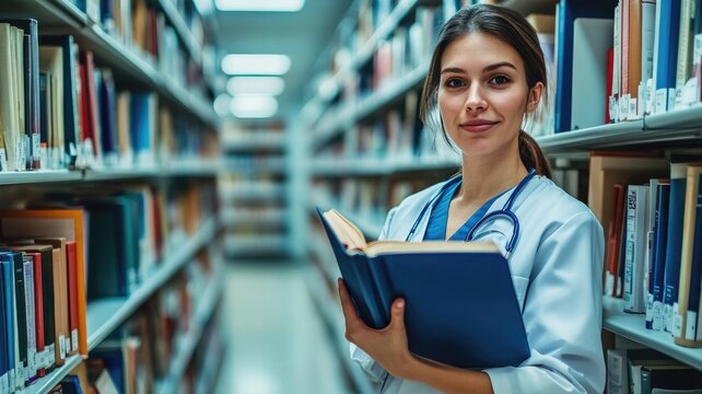 Female medical professional reading in library