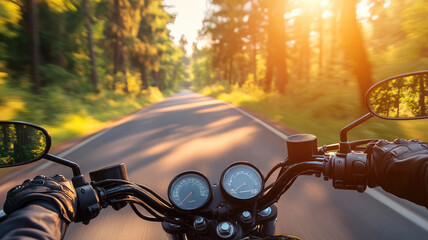 Riding motorcycle on scenic forest road during sunset, exemplifying adventure and freedom
