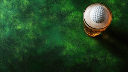 Beer in glass, golf ball on top, green background