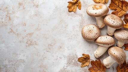 Brown mushrooms and autumn leaves on textured surface