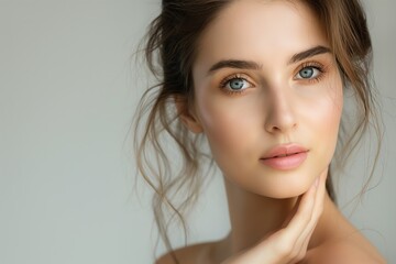 Naklejka premium Young woman with natural makeup on background. Fresh, healthy, pretty face with smooth skin. Beautiful caucasian girl with clean, clear complexion. Female portrait with focus on beauty, skincare.