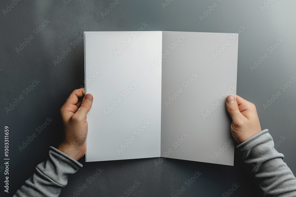 Poster man holding brochure with blank cover on grey background. close-up of corporate document. blank book