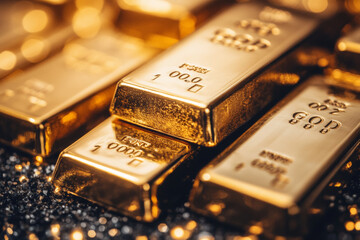 close up of gold bars stacked neatly, showcasing their shiny surfaces and intricate details. image captures luxurious essence of wealth and prosperity