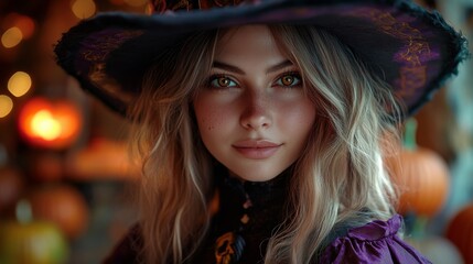 Fototapeta premium Enchanting Witch in Autumn Setting with Pumpkins and Magical Atmosphere