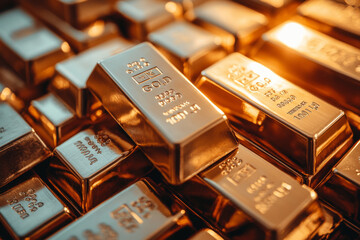close up of gold bars stacked neatly, reflecting light beautifully, showcases allure and value of precious metals. gleaming surface highlights their luxurious appeal