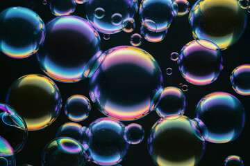 A vibrant array of bubbles of varying sizes, set against a dark background. These bubbles exhibit a spectrum of colors, ranging from deep blues and purples to radiant pinks and greens. 