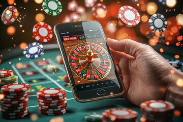 hand holding mobile phone displaying online casino roulette game, surrounded by colorful poker chips and vibrant casino atmosphere. excitement of gaming is palpable