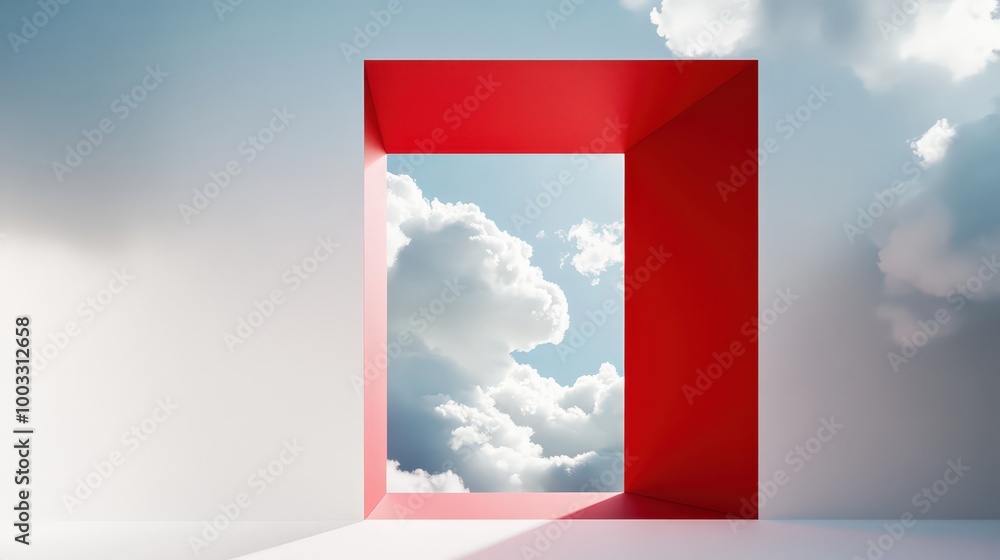 Poster surreal geometric fantasy: 3d render of clouds through red square hole in white wall