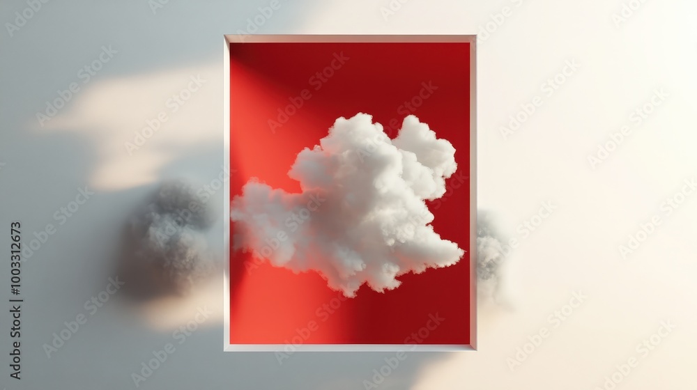 Poster ethereal clouds escape from geometric red portal - abstract 3d render with ultra-realistic details f