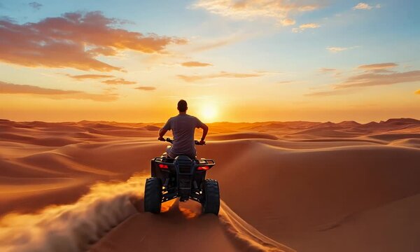 A man rides an ATV through the desert into the distance, against the background of sand dunes and sunset