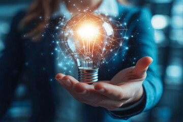 businesswoman holding glowing lightbulb, symbolizing innovation and creativity, surrounded by digital network of ideas and connections