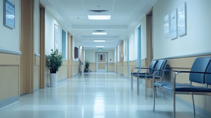 Empty hospital corridor with chairs and plants Clinical atmosphere clean, bright lighting