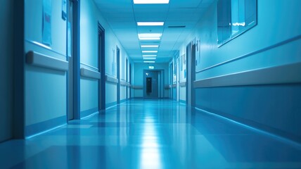 Obraz premium Brightly lit, empty hospital hallway with closed doors and clean floors