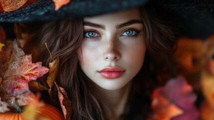 Fototapeta premium Enchanting Witch in Autumn Setting with Pumpkins and Magical Atmosphere