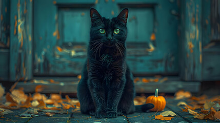 Black Cat Sitting on a Porch with Fall Leaves - Realistic Image