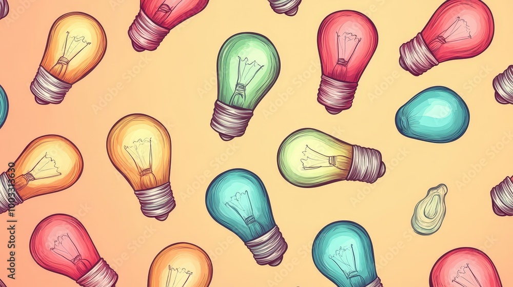 Poster dynamic light bulb collection - seamless pattern of creative ideas in cartoon style for backgrounds 
