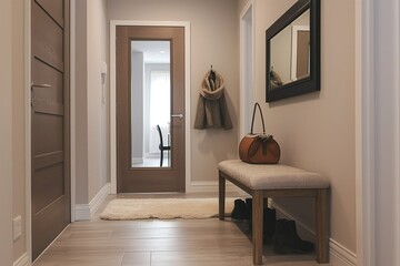 Elegant entrance of modern apartment with stylish hallway featuring grey floor, comfortable bench for shoe storage and mirror. Contemporary design with decorative hanger for hat and jacket.