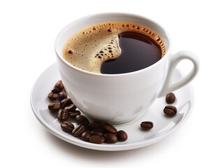Fototapeta premium Close-up of a steaming cup of coffee on a white background. Aromatic beverage in a porcelain mug. Freshly brewed coffee with brown foam. Isolated concept photo of a hot drink.
