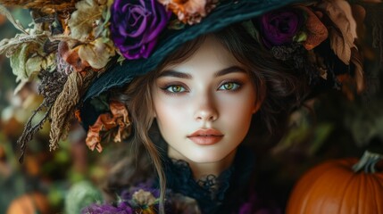 Enchanting Witch in Autumn Setting with Pumpkins and Magical Atmosphere