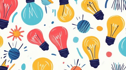 Creative Ideas Seamless Pattern with Light Bulbs in Cartoon Style