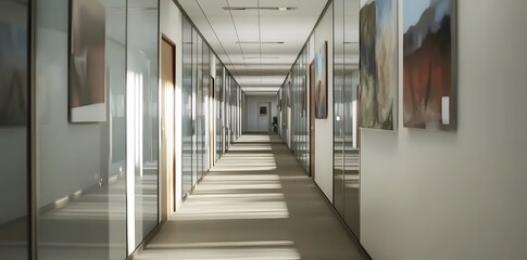 A long corridor with art