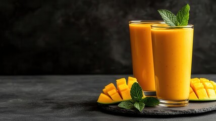 Mango lassi served in a tall glass, garnished with mint leaves, drinks, Indian yogurt drink