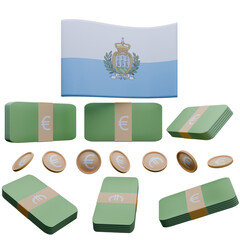 3D render illustration of San Marino flag and currency called Euro
