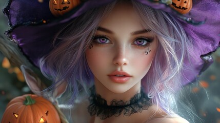 Enchanting Witch in Autumn Setting with Pumpkins and Magical Atmosphere