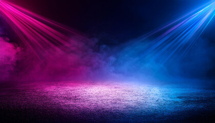 Dark stage shows, empty dark blue, purple, pink background, neon light, spotlights