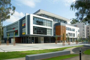 Modern school building with athletic field, playground. Contemporary design with clean lines, large windows, open spaces. Educational facility with classrooms, laboratories, libraries. Public school