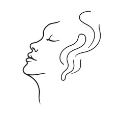 This simple line interface icon features a profile view of a woman with flowing hair and a tranquil expression, conveying peace and elegance