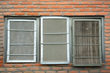 Set of window screens near brick wall. Close-up of various window screens in different materials like nylon, fiberglass, metal. Screens removable, designed for protection against insects, bugs.