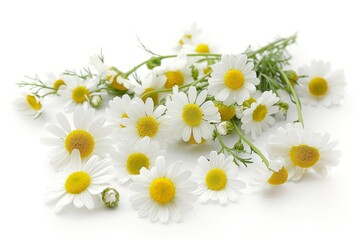 Close-up of blooming chamomile flowers on white background. Delicate white petals, yellow centers. Single stems, isolated, flat lay. Perfect for anniversary, birthday, wedding, celebration, card,